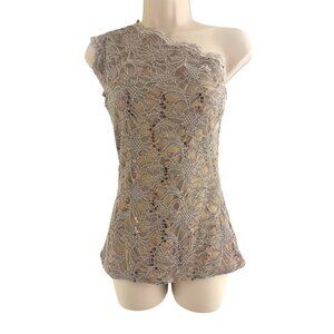 Boston Proper Beige Tan Sparkly Lace‎ One Shoulder Lined Top Shirt Tank Size XS